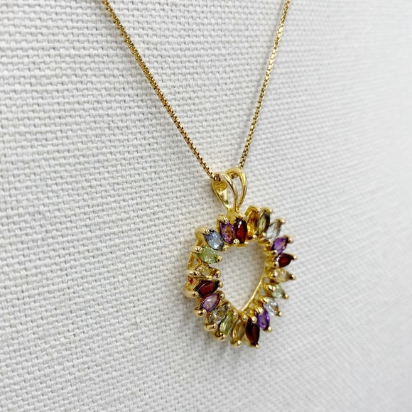 Vermeil Sterling Silver 925 Heart Multi Color Stones Pendant Necklace - Picture 2 of 12